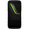 Smartfon z czarnym ekranem, na którym widoczne są zielone i szare linie w nowoczesnym wzorze. Obudowa urządzenia ma solidny, wytrzymały wygląd z zielonymi akcentami.