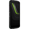 Smartfon z czarną obudową i zielonymi akcentami na ekranie, z widocznymi przyciskami bocznymi oraz teksturą na tylnej części. Na ekranie wyświetlają się zielone i szare linie w geometrycznym wzorze.