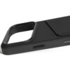 Czarne etui wykonane z gładkiej skóry, z wycięciem na aparat i miejscem na kartę. Produkt jest przeznaczony do telefonu Apple iPhone 17 Pro i obsługuje technologię MagSafe.