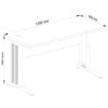 Schematyczny rysunek biurka o wymiarach 1350 mm x 600 mm x 760 mm, z otworem na przewody w blacie i perforowanymi elementami na nogach.