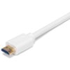 Biały kabel HDMI z widoczną końcówką o złotym złączu i niebieskim wnętrzu. Na obudowie złącza znajduje się wytłoczony symbol HDMI.