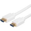 Biały kabel HDMI o długości 2 metrów z dwoma złączami HDMI, z widocznymi złotymi końcówkami i niebieskimi wnętrzami portów. Na jednym z wtyków znajduje się wytłoczone logo w kształcie strzałki.