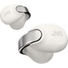 Białe słuchawki douszne z widocznym logo "JVC" na obudowie, posiadające metaliczne elementy. Produkt ma opływowy kształt i nowoczesny design.