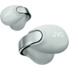 Szare słuchawki douszne z widocznym logo "JVC" na obudowie, mają nowoczesny design z metalicznymi akcentami. Produkt przedstawiony jest na białym tle.