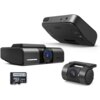 Na zdjęciu widoczny jest zestaw wideorejestratora FineVu GX4K UHD, który obejmuje główną kamerę, tylną kamerę FHD oraz kartę pamięci 128GB z napisem "microSDXC 128GB". Na urządzeniach widoczne są napisy "FineVu" oraz oznaczenia funkcji, takie jak "Wi-Fi".