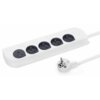 Biała listwa zasilająca z pięcioma gniazdami, dwoma portami USB i wtyczką na przewodzie. Produkt oznaczony jako "Listwa MONTIS MT143 (1.4m)".