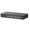 Na zdjęciu znajduje się czarny switch sieciowy z 24 portami Ethernet, na którym widnieje logo "MERCUSYS" oraz oznaczenie modelu "MS120GP". Obok portów znajdują się diody sygnalizacyjne, a na obudowie widoczne są otwory wentylacyjne.