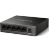 Na zdjęciu znajduje się czarny switch sieciowy z pięcioma portami Ethernet, oznaczony jako "MERCUSYS 5-Port Gigabit Desktop Switch MS105GS". Na urządzeniu widoczne są diody sygnalizacyjne oraz napis "Power", a także logo "MERCUSYS" na górnej powierzchni.