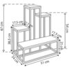 Ilustracja przedstawia schemat kwietnika z czterema poziomami o różnych wysokościach, z wymiarami: 67 cm, 54 cm, 38,5 cm wysokości oraz 34 cm, 51 cm, 21 cm szerokości, a także 17,5 cm głębokości. Wszystkie wymiary są oznaczone strzałkami i podane w centym