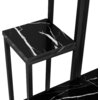 Czarny kwietnik z marmurowym wzorem, składający się z metalowej konstrukcji i półek z białymi żyłkami na powierzchni. Produkt ma nowoczesny, industrialny design.