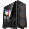Czarna obudowa komputera z przezroczystym panelem bocznym, przez który widać wentylator z podświetleniem RGB. Na przednim panelu znajdują się trzy podświetlane wentylatory oraz wyświetlacz z temperaturami "36" i "42".