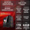 Na zdjęciu znajduje się komputer z widocznym podświetleniem RGB oraz szczegółowa specyfikacja techniczna, w tym: karta graficzna AMD XFX SWIFT RX 9070XT, procesor AMD Ryzen 5 9600X, płyta główna MSI B650 Gaming Plus WiFi, zasilanie Deepcool PM850D 850W 80