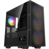 Czarna obudowa komputera z przezroczystym panelem bocznym, przez który widać wentylator z podświetleniem RGB. Na przednim panelu znajdują się trzy podświetlane wentylatory oraz wyświetlacz z temperaturą "36" i "42".