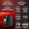 Na zdjęciu znajduje się komputer z obudową z podświetleniem RGB oraz szczegółowa specyfikacja techniczna: karta graficzna AMD XFX SWIFT RX 9070XT Triple Fan Gaming Edition 16GB, procesor AMD Ryzen 5 9600X, płyta główna MSI B650 Gaming Plus WiFi, zasilanie