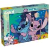 Pudełko puzzli z motywem z filmu "Disney Lilo & Stitch" zawiera ilustrację dwóch postaci na tle tropikalnego krajobrazu z planetami i gwiazdami. Na opakowaniu widnieje napis "24 Puzzle Double-Face", "35x25cm", "2 in 1" oraz logo "LISCIANI".
