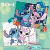 Na zdjęciu znajduje się kolorowe pudełko z puzzlami przedstawiającymi postacie z bajki, z napisem "Disney Stitch" oraz "24 PUZZLE Double-Face". Puzzle mają wymiary 35x25 cm i są dwustronne, z jednej strony kolorowe, a z drugiej do pokolorowania.