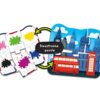 Dwustronne puzzle przedstawiają z jednej strony kolorowe plamy z angielskimi nazwami kolorów: "PINK", "GREEN", "YELLOW", "BLACK", "PURPLE", "BLUE", a z drugiej strony ilustrację z czerwonym autobusem i budkami telefonicznymi na tle znanych budowli. Na śro