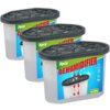 Na zdjęciu widoczne są trzy plastikowe pojemniki z czarnymi pokrywkami, oznaczone napisem "3pcs DEHUMIDIFIER" oraz informacją "ca. 230 g". Pojemniki zawierają białe granulki i są przeznaczone do pochłaniania wilgoci, co ilustrują strzałki i ikony przedstawiające zastosowanie w łazienkach, pralniach, szafach i samochodach.