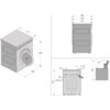 Na ilustracji widoczne są trzy rzuty techniczne pralki z wymiarami: szerokość 595 mm, głębokość 572 mm, wysokość 850 mm, oraz średnica drzwi 463 mm. Dodatkowo pokazano szczegóły dotyczące instalacji, takie jak odległości i kąty otwarcia drzwi.