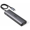 Na zdjęciu widoczny jest hub USB typu C w kolorze szarym z plecionym kablem, na którym znajduje się napis "UGREEN". Na obudowie huba widnieje tekst "UGREEN 4K 60Hz".