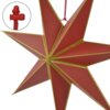 Czerwona, ośmioramienna gwiazda dekoracyjna z złotymi krawędziami, zawieszona na czerwonym sznurku. W okrągłym zbliżeniu widoczny jest detal mocowania sznurka.