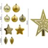 Zestaw ozdób świątecznych w kolorze złotym, w tym bombki o różnych rozmiarach (6 cm, 7 cm, 8 cm), szyszki (7,5 cm) oraz gwiazda (20 cm). Każda ozdoba ma błyszczące lub matowe wykończenie, a gwiazda ma ażurowy wzór.