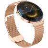 Smartwatch w kolorze różowego złota z metalową bransoletą, na wyświetlaczu widoczne są cyfry oraz napisy: "10349", "10:09", "WED 04/06". Tarcza zegarka ma kolorowe, koncentryczne okręgi i różowe oznaczenia godzin.