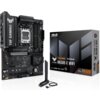Na zdjęciu widoczna jest płyta główna z oznaczeniem "TUF GAMING" oraz pudełko z napisem "ASUS TUF Gaming B650E-E WiFi". Obok znajduje się antena z kablem, a na pudełku widnieją logotypy i napisy, takie jak "ASUS", "B650E", "HDMI", "dts", "WiFi 6E", "Aura 