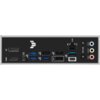 Na zdjęciu widoczny jest panel tylny płyty głównej z różnymi portami, w tym HDMI, DP, USB 3.0, USB 2.0, USB-C, portem Ethernet oznaczonym jako 2.5G, oraz trzema gniazdami audio opisanymi jako "LINE IN", "LINE OUT" i "MIC IN". Na panelu znajduje się równie