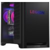 Czarny komputer stacjonarny z podświetleniem RGB widocznym przez boczny panel, z napisem "LEGION" na obudowie oraz logo "Lenovo" na dolnej części. Wewnątrz widoczna karta graficzna z napisem "GEFORCE RTX".