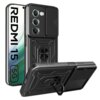 Na zdjęciu znajduje się czarne etui TECH-PROTECT Camshield Pro do Xiaomi Redmi 15 4G/5G, z widocznym napisem "REDMI 15 5G" na ekranie telefonu. Etui ma wbudowaną osłonę na aparat oraz stojak, a na jego powierzchni widoczne są detale konstrukcyjne i logo "