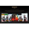 Na zdjęciu widoczna jest grafika promująca grę "Wiedźmin 3: Dziki Gon - Edycja Kompletna + Jubileuszowy Steelbook Gra XBOX SERIES X" z różnymi wersjami okładek gry na PC, Xbox i PS5 oraz steelbookiem. Na górze znajduje się napis "Wiedźmin Dziki Gon" oraz 