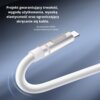 Biały kabel USB-C z metalicznym złączem jest przedstawiony na niebieskim tle, z widocznym tekstem: "Projekt gwarantujący trwałość, wygodę użytkowania, wysoką elastyczność oraz ograniczający skręcanie się kabla. Na podstawie 30000 przeprowadzonych testów."