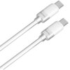 Na zdjęciu widoczne są dwa białe kable USB-C z końcówkami, na których znajduje się napis "MOCOLL". Kable są ułożone równolegle, a ich powierzchnia jest gładka i błyszcząca.