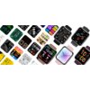 Na zdjęciu widocznych jest wiele tarcz zegarków smartwatch, prezentujących różnorodne wzory i kolory, z wyraźnie widocznymi godzinami, datami oraz ikonami aplikacji. Tarcze mają różne style, od cyfrowych po analogowe, z elementami graficznymi i kolorowymi