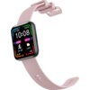 Różowy smartwatch z prostokątnym wyświetlaczem pokazuje godzinę 10:08, datę 09/12, dzień tygodnia MON, liczbę kroków 32768, poziom naładowania baterii 100%, oraz informacje o pogodzie i aktywności fizycznej. Pasek zegarka ma teksturowaną powierzchnię i re