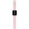 Różowy smartwatch z prostokątną tarczą, na której widoczne są rzymskie cyfry oraz datownik z dniem tygodnia "MON" i datą "09/12". Pasek zegarka ma regulowane zapięcie z otworami.