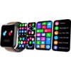 Na zdjęciu widoczny jest smartwatch z brązowym paskiem, prezentujący różne ekrany interfejsu użytkownika z kolorowymi ikonami aplikacji i funkcji. Na jednym z ekranów widoczne są napisy: "Theme", "Message br..", "Do-Not-Dis..", "Time format", "Date Format