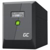 Czarny zasilacz UPS z wyświetlaczem cyfrowym pokazującym parametry pracy oraz zielonym przyciskiem zasilania. Na obudowie widoczne jest logo "GC".