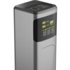 Szary powerbank z wyświetlaczem pokazującym informacje: "TOTAL OUTPUT 65W", "TOTAL INPUT 65W", oraz szczegóły dotyczące portów USB-C i USB-A. Na górze urządzenia znajdują się trzy porty: dwa USB-C i jeden USB-A.