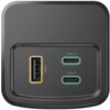 Szary powerbank z trzema portami: jednym USB-A z pomarańczową obwódką oraz dwoma USB-C z zielonymi obwódkami, oznaczonymi jako USB-C1 i USB-C2.