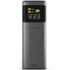 Szary powerbank z wyświetlaczem pokazującym informacje: "TOTAL OUTPUT 150W", "TOTAL INPUT 100W", "100%", oraz specyfikacje portów: "USB-C1 100.0W 5.0A 20.0V", "USB-C2 140.0W 5.0A 28.0V", "USB-A OUT 18.0W 1.5A 12.0V". Na dole obudowy widoczne jest logo "ha
