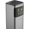 Szary powerbank z wyświetlaczem pokazującym informacje: "Total Output 150W", "Total Input 100W", "100%", oraz wartości napięcia i prądu dla portów USB-C i USB-A. Na górze urządzenia znajdują się dwa porty USB-C i jeden port USB-A.