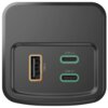 Na zdjęciu widoczny jest szary powerbank z trzema portami: jednym USB-A oznaczonym pomarańczową ramką oraz dwoma portami USB-C oznaczonymi jako USB-C1 i USB-C2 z zielonymi ramkami.