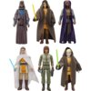 Sześć figurek z serii Star Wars Retro Collection, każda ubrana w różnorodne stroje i płaszcze, trzymająca kolorowe miecze świetlne. Figurka pośrodku w dolnym rzędzie ma na sobie zielony kombinezon i trzyma niebieski hełm.