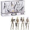 Opakowanie zestawu figurek "Star Wars Battle Droid" z grafiką przedstawiającą kilka droidów bojowych trzymających broń, poniżej widoczny jest napis "Star Wars" oraz ostrzeżenie: "WARNING: CHOKING HAZARD - Small parts. Not for children under 3 years." Prze