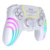 Biały kontroler z kolorowymi, tęczowymi akcentami na uchwytach, posiada przyciski i joysticki oraz widoczne logo "Froggiex" na panelu dotykowym. Na kontrolerze znajdują się także napisy "SHARE" i "OPTIONS".