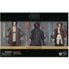 Zestaw figurek przedstawia trzy postacie z serii Star Wars, każda z mieczem świetlnym w różnych kolorach. Na opakowaniu widnieje tekst: "Star Wars: The Black Series", "Star Wars: The Phantom Menace", "WARNING: CHOKING HAZARD-Small parts. Not for children 