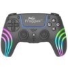 Czarny kontroler z kolorowymi, neonowymi wzorami na uchwytach, posiada przyciski funkcyjne oraz dwa analogowe drążki. Na górnej części widoczne jest logo "FroggieX".