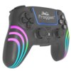 Czarny kontroler do gier z kolorowymi, podświetlanymi elementami w odcieniach różu, fioletu, niebieskiego i zielonego. Na panelu widoczny jest napis "froggiex" oraz ikony przycisków i joysticków.